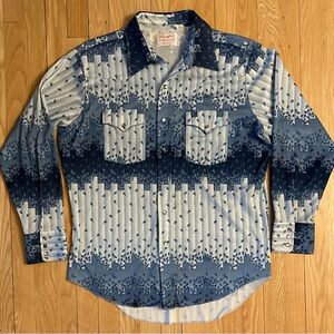 Wrangler Blue Leaf Fade Western Shirt Pearl Snaps Long Tail, Men’s Size XL